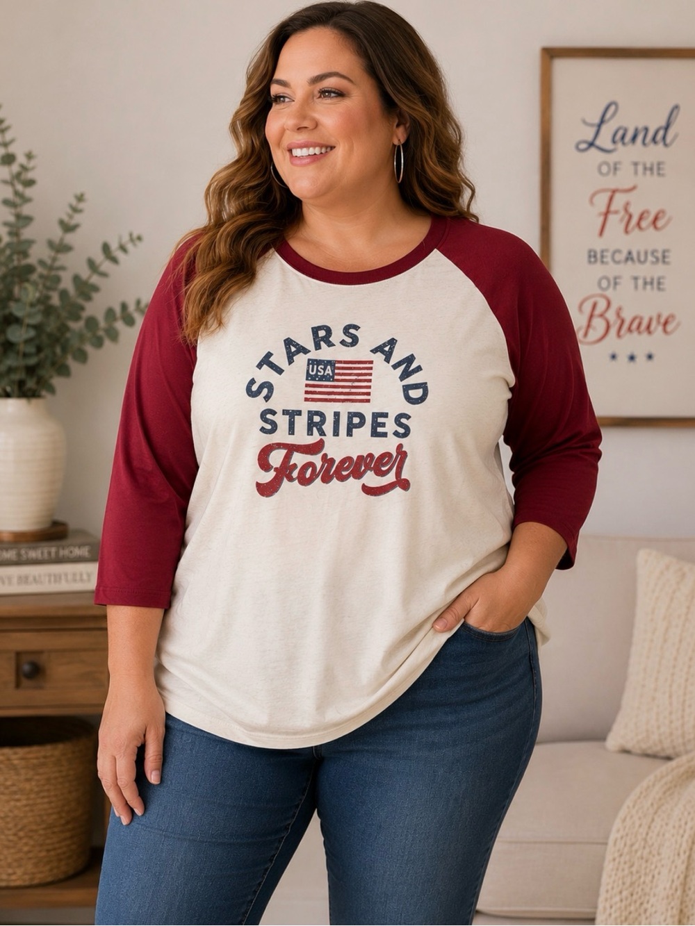 73 Paula Deen USA Stars & Stripes Forever Raglan Tee 2X Red White Cotton